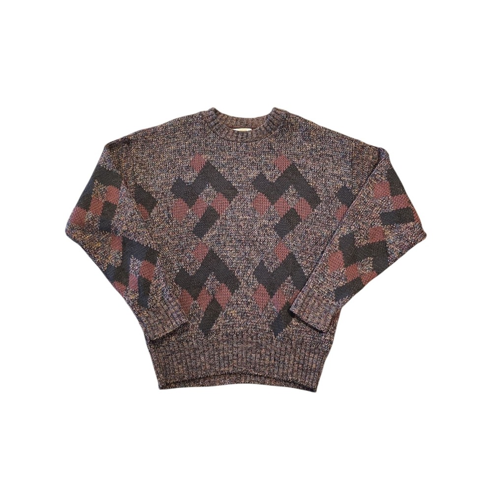 Vintage London Fog Sweater XL Made USA Geometric Marled Knit Crewneck 80s 90s